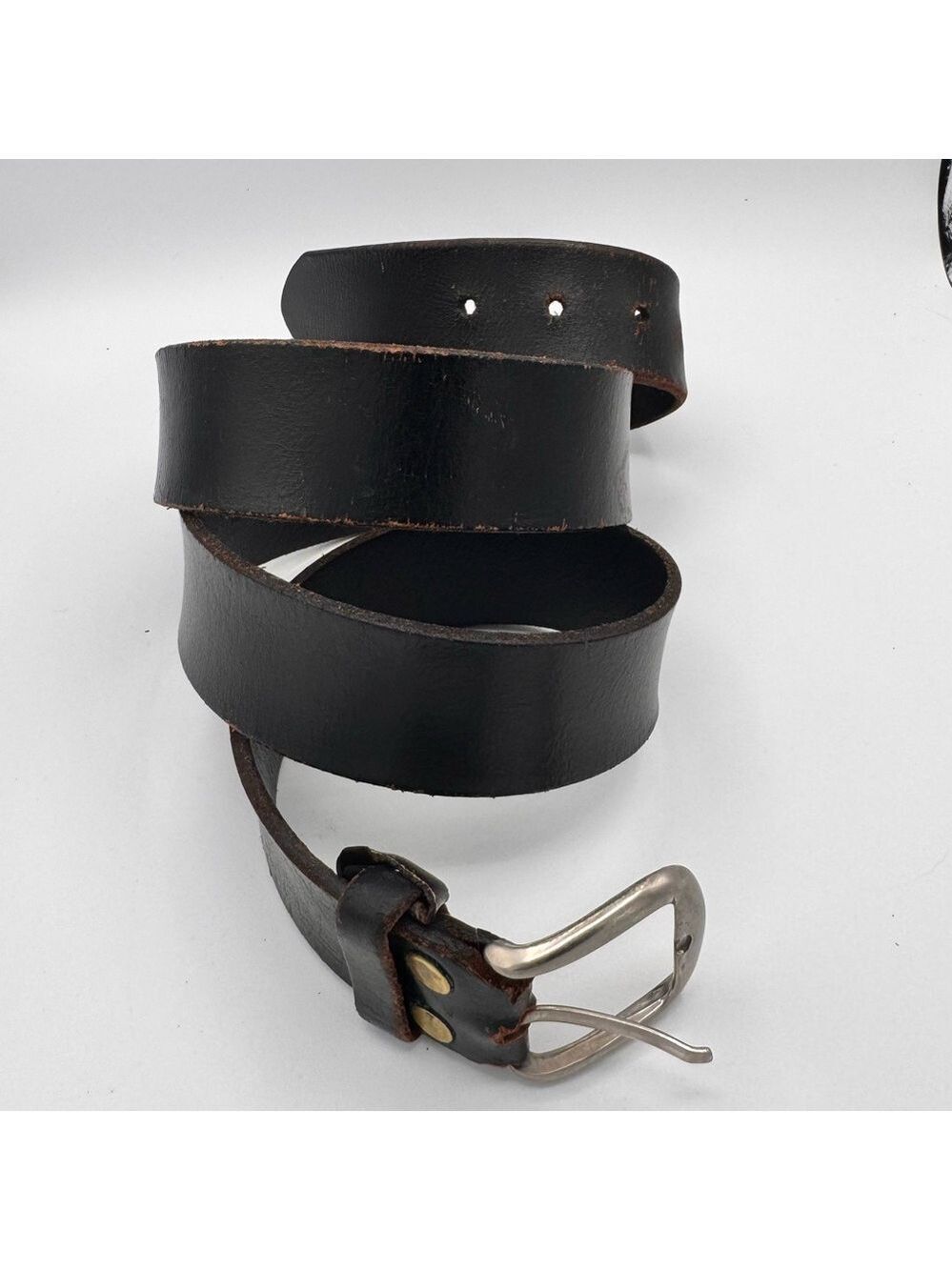 Vintage 90s Black Leather Belt | Silver Buckle & Brass Rivets | Large 35–42” Fit